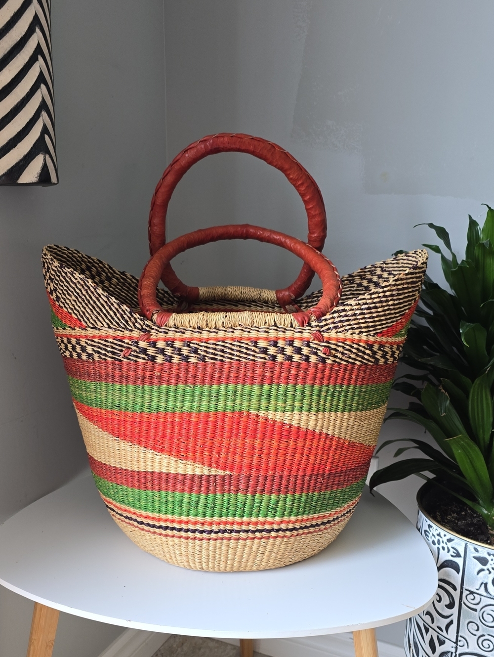 113 Handwoven Strorage Basket  in Red, Green & Natural